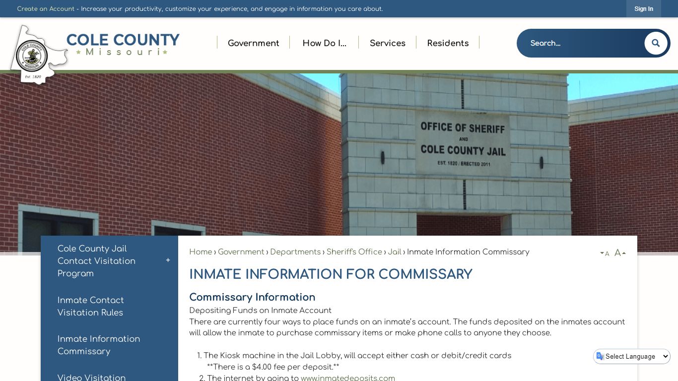 Inmate Information For Commissary | Cole County, MO